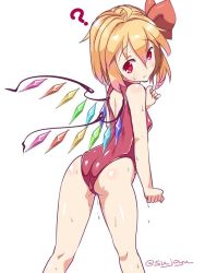 Rule 34 | 1girl, ?, ahoge, ass, bad id, bad twitter id, blonde hair, blush, breasts, crystal, flandre scarlet, from behind, hair ribbon, inactive account, looking at viewer, looking back, one-piece swimsuit, red eyes, red ribbon, ribbon, short hair, simple background, solo, sushoyushi, sweat, swimsuit, thighs, touhou, twitter username, wet, white background, wings