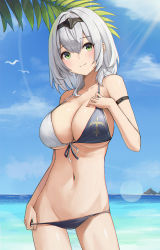 Rule 34 | 1girl, absurdres, armlet, bare shoulders, belt, bikini, blue sky, blurry, breasts, cleavage, collarbone, commentary request, depth of field, green eyes, hair between eyes, hairband, halterneck, hand on own chest, highres, hololive, horizon, huhi (huhi 1211), large breasts, looking at viewer, mountainous horizon, navel, ocean, pulling own clothes, pulling, shirogane noel, shirogane noel (summer 2020), short hair, sidelocks, silver hair, sky, smile, solo, spaghetti strap, stomach, string bikini, swimsuit, virtual youtuber
