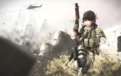 Rule 34 | 1girl, ah-64 apache, aircraft, assault rifle, baseball cap, blue eyes, brown hair, camouflage, desert camouflage, gloves, grenade launcher, gun, handgun, hat, helicopter, highres, holding, holding gun, holding weapon, holster, holstered, knee pads, load bearing vest, m4 carbine, military, military uniform, original, outdoors, pistol, rifle, running, short hair, solo, tanto (tc1995), uniform, weapon
