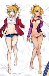 Rule 34 | arm behind back, armpits, bar censor, bare legs, barefoot, belt, bikini, blonde hair, blouse, blush, braid, breasts, censored, commentary request, dakimakura (medium), denim, denim shorts, fate/grand order, fate (series), feet, green eyes, hair ornament, hair scrunchie, hand on own chest, hand on own hip, jacket, unworn jacket, jewelry, kodama yuu, long hair, long sleeves, looking at viewer, lying, micro shorts, midriff, mordred (fate), mordred (fate) (all), mordred (fate/apocrypha), mordred (swimsuit rider) (fate), mordred (swimsuit rider) (third ascension) (fate), multiple views, navel, necklace, off shoulder, on back, open clothes, open shirt, ponytail, red bikini, red jacket, scrunchie, shirt, short shorts, shorts, side-tie bikini bottom, smile, surfboard, swimsuit, tan, tanline, toes