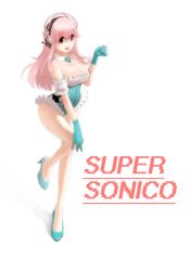 Rule 34 | 1girl, blush, breasts, character name, cleavage, detached collar, full body, gloves, green322, headphones, high heels, large breasts, leg up, leotard, long hair, looking at viewer, nitroplus, open mouth, pink eyes, pink hair, shoes, smile, solo, standing, standing on one leg, super sonico