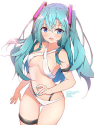 Rule 34 | 1girl, alternate costume, aqua hair, aqua nails, artist name, bare shoulders, bikini, blue eyes, blush, closed mouth, criss-cross halter, crossed bangs, gluteal fold, hair between eyes, halkawa501, halterneck, hatsune miku, highres, legband, long hair, looking at viewer, midriff, nail polish, open hands, solo, standing, swimsuit, twintails, vocaloid, watermark, white background