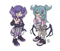 Rule 34 | 2girls, black footwear, black sweater, blue eyes, blue hair, braid, chibi, dragon girl, dragon tail, dragon wings, elira pendora, elira pendora (1st costume), fangs, gloves, grey overalls, grey pants, hair ornament, hair over one eye, hairclip, head wings, heterochromia, lanyard, looking at viewer, low wings, multiple girls, nijisanji, nijisanji en, one eye covered, open mouth, overall shorts, overalls, pants, purple eyes, purple hair, selen tatsuki, selen tatsuki (1st costume), shiogaki, siblings, single glove, sisters, sleeves past fingers, sleeves past wrists, smile, smug, sweater, sweatpants, tail, twin braids, virtual youtuber, white sweater, wings