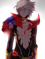 Rule 34 | 1boy, bare pectorals, blue eyes, chest jewel, fate/apocrypha, fate (series), glowing, glowing eyes, heterochromia, jewelry, karna (fate), looking at viewer, male focus, namahamu (hmhm 81), necklace, pale skin, pectorals, red eyes, solo, upper body, white hair