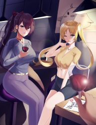 Rule 34 | 2girls, ;d, absurdres, azur lane, between legs, black ribbon, black shorts, blonde hair, blue shirt, blush, breasts, brown hair, cafe, cameo, casual, collarbone, commentary, commission, cowboy hat, cowboy shot, cup, drinking glass, earrings, finger to mouth, green eyes, grey pants, hair between eyes, hair ornament, hair ribbon, hand between legs, hat, unworn headwear, high ponytail, highres, holding, holding cup, hornet (azur lane), jewelry, lamp, large breasts, lens flare, long hair, long sleeves, looking at viewer, maanu, manjuu (azur lane), midriff, multiple girls, navel, necklace, one eye closed, open mouth, outdoors, pants, ponytail, poster (object), pov, pov hands, red ribbon, ribbon, shirt, shirt tucked in, short shorts, short sleeves, shorts, sidelocks, sitting, smile, stool, table, tied shirt, twintails, very long hair, watch, wine glass, wristwatch, yellow eyes, yellow shirt, zuikaku (azur lane)