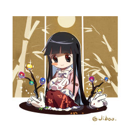 Rule 34 | 1girl, artist name, bamboo, black eyes, black hair, blush stickers, bow, bowtie, branch, chibi, closed mouth, commentary, frilled skirt, frilled sleeves, frills, full body, heartfelt-fancy (artist), highres, hime cut, houraisan kaguya, jeweled branch of hourai, long hair, long sleeves, looking at animal, on lap, one-hour drawing challenge, petting, pink shirt, rabbit, red skirt, shirt, sitting, skirt, smile, solo, touhou, very long hair, white bow, white bowtie, wide sleeves