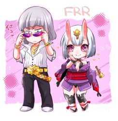 Rule 34 | 1boy, 1girl, bell, belt, bob cut, chain, chibi, claude frollo, cosplay, disney, disneyland, fate/grand order, fate (series), gold chain, hairstyle connection, heart, horns, japanese clothes, jewelry, marimo (yousei ranbu), necklace, one man&#039;s dream ii, oni, popped collar, recruiters (disney), sakata kintoki (fate), sakata kintoki (fate) (cosplay), shuten douji (fate), shuten douji (fate) (cosplay), silver hair, skin-covered horns, sunglasses, the hunchback of notre dame, veil (disney)
