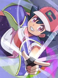 Rule 34 | 1boy, ash ketchum, baseball cap, collarbone, creatures (company), fingerless gloves, game freak, gloves, glowing, hat, highres, inana umi, looking at viewer, male focus, nintendo, pointing, pokemon, pokemon (anime), pokemon journeys, red eyes, shirt, smile, solo, teeth, v-shaped eyebrows, white shirt