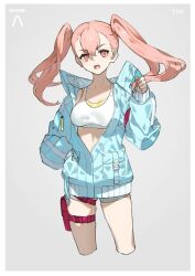 Rule 34 | 1girl, character name, commentary, crop top, cropped legs, ellie (synduality), grey background, hair between eyes, hand in pocket, highres, light blue jacket, looking at viewer, neco, open mouth, pink eyes, pink hair, simple background, solo, synduality, twintails