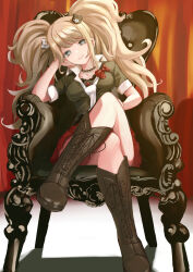 Rule 34 | 1girl, absurdres, black choker, black footwear, black shirt, blonde hair, boots, breasts, chair, choker, closed mouth, cross-laced footwear, crossed legs, curtains, danganronpa: trigger happy havoc, danganronpa (series), enoshima junko, grey eyes, hair ornament, hand on own face, head tilt, highres, lace-up boots, large breasts, leaning to the side, long hair, miniskirt, necktie, nes 0, pleated skirt, red skirt, ribbon, shirt, sitting, skirt, solo, thighs, twintails, white necktie