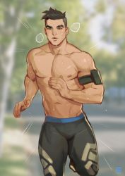 Rule 34 | 1boy, abs, absolum art, absurdres, bara, black hair, black pants, blurry, blurry background, craig cahn, day, dream daddy: a dad dating simulator, exercising, highres, large pectorals, male focus, muscular, muscular male, navel, nipples, outdoors, pants, parted lips, pectorals, running, short hair, solo, sweat, sweatdrop, topless male, undercut