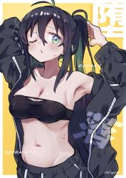 Rule 34 | 1girl, arms behind head, arms up, black hair, black pants, blush, breasts, cleavage, closed mouth, collar, green eyes, green hair, highres, looking at viewer, medium breasts, mizumi (artist), multicolored hair, navel, one eye closed, original, pants, solo, sweat