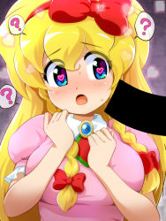 Rule 34 | 1girl, ?, bar censor, blonde hair, blue eyes, blush, bow, braid, brooch, castlevania (series), castlevania: rondo of blood, censored, collared dress, commentary request, dress, hair bow, hairband, heart, heart-shaped pupils, jewelry, konpeto, long hair, maria renard, multiple hair bows, open mouth, puffy short sleeves, puffy sleeves, red bow, red hairband, sexually suggestive, short sleeves, side braids, spoken question mark, sweat, symbol-shaped pupils, twin braids