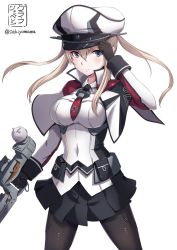 Rule 34 | 10s, 1girl, adjusting clothes, adjusting headwear, anchor, artist name, belt pouch, black gloves, black pantyhose, black skirt, blonde hair, blush, breasts, capelet, covered navel, cowboy shot, cross, female focus, gloves, graf zeppelin (kancolle), gun, hair between eyes, hat, holding, holding gun, holding weapon, iron cross, kantai collection, large breasts, long sleeves, looking at viewer, miniskirt, necktie, pantyhose, peaked cap, pocket, pouch, red necktie, sakiyamama, serious, short hair with long locks, sidelocks, skirt, solo, standing, twintails, underbust, weapon