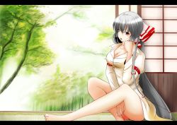 Rule 34 | 1girl, arm strap, barefoot, bottomless, bow, breasts, cleavage, covering privates, covering crotch, faker (feketerigo), female focus, fujiwara no mokou, grey hair, hair bow, highres, kazuaki (pixiv27431), letterboxed, long hair, naked shirt, open mouth, red eyes, shirt, solo, touhou, very long hair