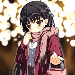 Rule 34 | 1girl, asagi nanami, bag, black hair, blurry, blurry background, blush, braid, cafe stella to shinigami no chou, casual, city lights, closed mouth, coat, commentary request, earrings, enpera, eyelashes, flower, frown, hair between eyes, hair flower, hair ornament, hair ribbon, hairclip, hand up, head tilt, highres, holding, holding bag, holding clothes, holding scarf, incoming gift, jewelry, long hair, looking to the side, mole, mole under eye, official alternate costume, open clothes, open coat, pink ribbon, pink scarf, red coat, ribbon, scarf, shiki natsume, shirt, shy, side braid, simple background, solo, straight hair, stud earrings, upper body, valentine, very long hair, white flower, white shirt, yellow eyes