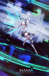 Rule 34 | 1girl, black thighhighs, blue eyes, blurry, boots, braid, caption, commentary request, depth of field, detached sleeves, elbow gloves, from side, garter straps, gloves, gun, headband, highres, holding, holding gun, holding weapon, honkai (series), honkai impact 3rd, kiana kaslana, kiana kaslana (knight moonbeam), knee boots, long hair, luo qingyu, solo, sweater vest, thighhighs, thighhighs under boots, turtleneck, twin braids, twintails, very long hair, weapon, white footwear, white gloves, white hair