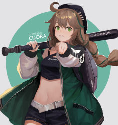 Rule 34 | 1girl, ahoge, arknights, backpack, bag, baseball bat, belt, beret, black hat, black shirt, black shorts, braid, breasts, brown hair, character name, commentary request, copyright name, cowboy shot, crop top, cuora (arknights), green eyes, green jacket, grin, hand up, hat, highres, holding, jacket, long hair, long sleeves, looking at viewer, midriff, multicolored hair, navel, off shoulder, open clothes, open jacket, pointing, pointing at viewer, raglan sleeves, shirt, short shorts, shorts, single braid, sl86, sleeveless, sleeveless shirt, small breasts, smile, solo, streaked hair