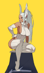 Rule 34 | 1girl, animal ears, boku no hero academia, breasts, commentary, dark-skinned female, dark skin, detached sleeves, english commentary, fur trim, grin, high ponytail, highres, jason kim, large breasts, leotard, long hair, looking to the side, mirko, parted bangs, rabbit ears, red eyes, ribbed leotard, ribbed thighhighs, sideboob, simple background, smile, solo, thighhighs, very long hair, white hair, white leotard, white thighhighs, yellow background