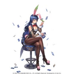 Rule 34 | ace (playing card), ace of spades, animal ears, aqua eyes, arm on knee, blue eyes, blush, bow, breasts, card, chair, cleavage, cleavage cutout, clothing cutout, collared shirt, company name, cuffs, elbow gloves, embarrassed, fake animal ears, fake tail, fishnet pantyhose, fishnets, full body, gloves, high heels, leotard, long hair, maria traydor, medium breasts, official art, pantyhose, playboy bunny, playing card, rabbit ears, rabbit tail, shirt, shoes, solo, spade (shape), star ocean, star ocean anamnesis, star ocean till the end of time, tail, transparent background