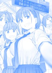 Rule 34 | 4girls, ai-chan&#039;s sister (tawawa), ai-chan (tawawa), blue theme, blunt bangs, breasts, cellphone, character request, clenched teeth, commentary request, getsuyoubi no tawawa, highres, himura kiseki, kouhai-chan (tawawa), large breasts, looking at viewer, monochrome, multiple girls, necktie, object on breast, phone, pleated skirt, school uniform, selfie, short hair, short sleeves, skirt, smile, teeth, translation request, v, volley-bu-chan (tawawa)