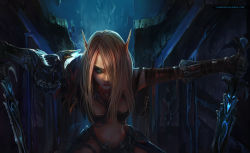 Rule 34 | 1girl, armor, blonde hair, blood elf (warcraft), chenbo, long hair, navel, pointy ears, signature, solo, sword, warcraft, weapon, world of warcraft