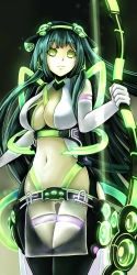 Rule 34 | 1girl, belt, between breasts, black legwear, bow (weapon), breasts, cleavage, cleavage cutout, clothing cutout, cowboy shot, empty eyes, eyebrows, gin ji, gloves, glowing, gluteal fold, green eyes, green hair, headgear, holding, holding weapon, huge breasts, long hair, looking at viewer, matching hair/eyes, navel, no panties, see-through, sleeveless, solo, speaker, thigh gap, touhoku zunko, very long hair, vocaloid, vocaloid append, voiceroid, weapon, white gloves