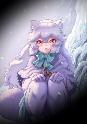 Rule 34 | 1girl, animal ears, arctic fox (kemono friends), blue bow, blue bowtie, blue skirt, bow, bowtie, capelet, coat, commentary request, fox ears, fox girl, fox tail, fur trim, gloves, hands on own knees, highres, kemono friends, kosai takayuki, long hair, long sleeves, looking at viewer, orange eyes, pantyhose, pleated skirt, pov, skirt, snow, snowing, solo, squatting, tail, white capelet, white coat, white fur, white gloves, white hair, white pantyhose, winter clothes, winter coat