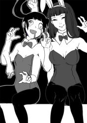 Rule 34 | 2girls, animal ears, asymmetrical eyes, atamaokasii, bare shoulders, blunt bangs, breasts, closed mouth, detached collar, double w, drooling, extra arms, fake animal ears, greyscale, leotard, long hair, looking at viewer, medium breasts, monochrome, monoe, monoko, multiple girls, open mouth, pantyhose, playboy bunny, rabbit ears, simple background, sitting, small breasts, smile, strapless, twintails, w, yume nikki