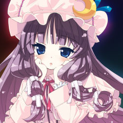 Rule 34 | 1girl, :o, alternate eye color, blue eyes, brooch, capelet, crescent moon, female focus, gem, hair ribbon, hands on own face, hat, jewelry, long hair, long sleeves, moon, patchouli knowledge, pearl (gemstone), purple hair, ribbon, solo, touhou, tress ribbon, tsukigami runa