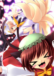 Rule 34 | &gt; &lt;, 2girls, :3, > <, animal ears, animal hat, arms up, blonde hair, blush stickers, cat ears, cat girl, chen, closed eyes, fang, female focus, fox tail, hat, long sleeves, mob cap, multiple girls, multiple tails, outstretched arms, mob cap, shoes, short hair, tail, touhou, x3, yakumo ran, yukizuki chikuba