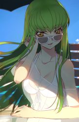 Rule 34 | 1girl, arm support, bare shoulders, bikini, breasts, c.c., cloud, code geass, collarbone, creayus, day, floating hair, green hair, halterneck, head tilt, long hair, looking at viewer, parted lips, sitting, sky, sunglasses, swimsuit, table, upper body, white bikini, yellow eyes