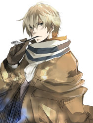 Rule 34 | 1boy, alternate hairstyle, ascot, axis powers hetalia, bad id, bad pixiv id, blonde hair, coat, frown, gloves, green eyes, kiseru, male focus, netherlands (hetalia), scarf, simple background, sketch, smoking pipe, solo, striped clothes, striped scarf, yone (kaguudou)