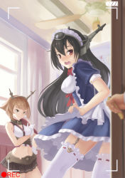 Rule 34 | 10s, 1girl, 2girls, alternate costume, apron, bare shoulders, black hair, blush, breasts, brown hair, caught, doorway, embarrassed, enmaided, garter straps, gloves, hair ornament, hairband, headgear, highres, kantai collection, long hair, maid, maid apron, maid headdress, majicjiang, midriff, multiple girls, mutsu (kancolle), nagato (kancolle), navel, open mouth, personification, pov doorway, recording, red eyes, ribbon, ribbon-trimmed legwear, ribbon trim, short hair, skirt, smile, thighhighs, viewfinder