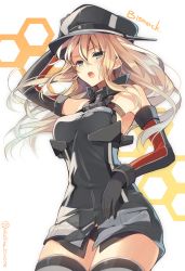Rule 34 | 10s, 1girl, adjusting clothes, adjusting headwear, armor, bare shoulders, bismarck (kancolle), black gloves, blonde hair, blue eyes, blush, breastplate, breasts, character name, detached sleeves, gloves, hat, hexagon, kantai collection, large breasts, long hair, military, military uniform, mishima kurone, open mouth, peaked cap, simple background, solo, thighhighs, twitter username, uniform