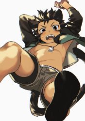 Rule 34 | 1boy, animal ears, black hair, cat boy, cat ears, cat tail, child, falling, fantasy, highres, jewelry, looking at viewer, male focus, open clothes, open mouth, open shirt, original, pendant, sagami jon, short hair, shorts, simple background, solo, tail, teeth, upper teeth only, white background