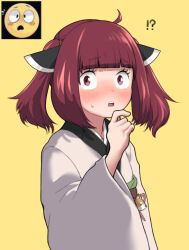 Rule 34 | !?, 1girl, absurdres, ahoge, blade, blunt bangs, blush, commentary request, emoji, hand up, headgear, highres, japanese clothes, kimono, long sleeves, looking at viewer, mashima jirou, nose blush, obi, open mouth, raised eyebrows, red hair, reference inset, sash, short hair, solo, sweatdrop, touhoku kiritan, twintails, upper body, voiceroid, white kimono, wide-eyed, wide sleeves, yellow background