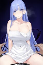 Rule 34 | 1boy, 1girl, absurdres, akitaka akita, blue eyes, blue hair, blunt bangs, blush, breasts, collarbone, demon girl, demon tail, highres, large breasts, long hair, looking at viewer, naked towel, open mouth, original, pov, pov hands, sitting, sitting on person, steaming body, tail, towel, very long hair, white towel