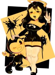 Rule 34 | 1boy, 1girl, alice (bendy and the ink machine), bendy, bendy and the ink machine, black hair, black lips, breasts, cleavage, detached sleeves, gloves, halo, highres, hip focus, horns, long hair, one eye closed, thighhighs, wink