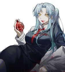 Rule 34 | 1girl, ambiguous red liquid, angela (project moon), black jacket, blue hair, breasts, brown pantyhose, food, fruit, holding, holding food, holding fruit, jacket, large breasts, lobotomy corporation, lobpoint 72, long hair, looking at viewer, lying, necktie, on side, one side up, pantyhose, parted bangs, pencil skirt, pomegranate, project moon, red necktie, sidelocks, simple background, sitting, skirt, solo, very long hair, white background, yellow eyes