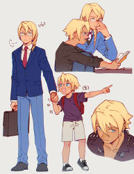 Rule 34 | 2boys, :d, ace attorney, aged down, ankle socks, annoyed, arm at side, backpack, bag, black shirt, blonde hair, blue eyes, blue jacket, blue pants, book, brothers, buttons, chain, chain necklace, character age, closed mouth, collared shirt, cropped legs, cropped shoulders, cropped torso, dark-skinned male, dark skin, earrings, from above, full body, glasses, grey background, grey footwear, hi-fi (fijazzy), highres, holding, holding book, holding suitcase, jacket, jewelry, klavier gavin, kristoph gavin, layered sleeves, long sleeves, multiple boys, multiple views, neck ribbon, necklace, necktie, open collar, open mouth, pants, pencil as mustache, pink ribbon, pocket, pointing, pointing to the side, purple shirt, red bag, red necktie, ribbon, shirt, shoes, short hair, short sleeves, shorts, siblings, simple background, sitting, smile, socks, standing, suit jacket, suitcase, t-shirt, upper body, white shirt, white shorts, white socks