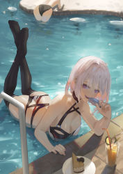 Rule 34 | 2girls, absurdres, bikini, black bikini, black legwear, breasts, cake, cirilla lin, cleavage, cup, drinking straw, food, girls&#039; frontline, highres, holding, large breasts, multi-strapped bikini, multiple girls, open mouth, partially submerged, plate, pool, popsicle, purple eyes, rpk-16 (girls&#039; frontline), short hair, silver hair, swimsuit, thighhighs, water