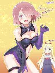Rule 34 | 2girls, :3, :d, blonde hair, blue eyes, blush, bow, breasts, brown hair, cleavage, closed mouth, cosplay, dated, dress, elbow gloves, fate/grand order, fate (series), gloves, gradient background, hair bow, hair over one eye, himesaka noa, hoshino miyako (wataten), long hair, long sleeves, look-alike, looking at viewer, mash kyrielight, mash kyrielight (cosplay), medium breasts, multiple girls, navel, open mouth, red bow, red eyes, samenoido, school uniform, short hair, smile, translation request, v-shaped eyebrows, watashi ni tenshi ga maiorita!, yellow background