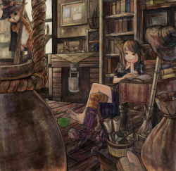 Rule 34 | 1girl, asymmetrical clothes, barefoot, between toes, book, bookshelf, boots, bored, broom, brown eyes, brown hair, cape, cat, crossed legs, erlenmeyer flask, fantasy, feet, flask, hat, hexagram, highres, hourglass, magic, nail polish, original, paper, pen, pot, purple nails, puss in boots, room, rope, salamander (jonbonjovi82), scroll, shoes, single shoe, single thighhigh, sitting, star of david, striped clothes, striped thighhighs, thighhighs, toenail polish, toenails, toes, window, witch, witch hat, wooden floor, writing