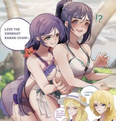 Rule 34 | !?, 4girls, ayase eli, behind another, bikini, blonde hair, blue eyes, blue hair, blurry, braid, breast press, breasts, cleavage, closed eyes, collarbone, dark blue hair, earrings, english text, flower, frilled bikini, frills, green eyes, grin, hair flower, hair ornament, hair over shoulder, hair scrunchie, hat, hat flower, hibiscus, highres, holding, holding paper, hoop earrings, imminent breast grab, imminent grope, in-franchise crossover, jewelry, large breasts, long hair, love live!, love live! school idol project, love live! sunshine!!, matsuura kanan, multiple girls, navel, niant9n, ohara mari, open mouth, outdoors, palm tree, paper, ponytail, purple eyes, sarong, scrunchie, see-through, see-through sarong, smile, smug, speech bubble, sun hat, sunflower, swimsuit, tojo nozomi, tree, white bikini, white headwear, white scrunchie