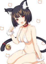 Rule 34 | 1girl, :d, animal ears, azur lane, bell, bikini, black hair, blush, breasts, cat ears, cat tail, collar, collarbone, fang, hand up, highres, icomochi, jingle bell, large breasts, looking at viewer, navel, open mouth, paw pose, red eyes, short hair, simple background, sitting, smile, solo, swimsuit, tail, tail bell, tail ornament, thighs, wariza, white background, white bikini, wristband, yamashiro (azur lane)