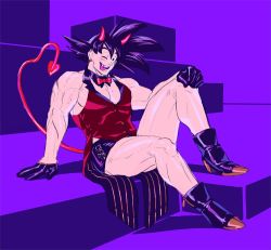 Rule 34 | 1boy, bara, black gloves, black hair, boots, carless (ppanic), demon, demon horns, demon tail, dragon ball, dragonball z, earrings, gloves, halloween costume, highres, horns, jewelry, large pectorals, looking at viewer, male focus, muscular, muscular male, one eye closed, pectorals, red shirt, shirt, short hair, short shorts, shorts, sitting, solo, son goku, spiked hair, tail, tongue, tongue out