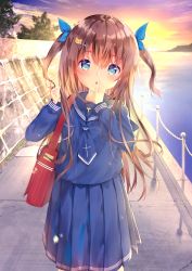 Rule 34 | 1girl, :o, bag, blue eyes, blue necktie, blue ribbon, blue sailor collar, blue serafuku, blue shirt, blue skirt, blush, brown hair, cloud, cloudy sky, collarbone, commentary request, fingernails, hair between eyes, hair ornament, hair ribbon, hairclip, hand to own mouth, hands up, head tilt, highres, long hair, long sleeves, looking at viewer, moe2019, necktie, original, outdoors, parted lips, pleated skirt, ribbon, river, sailor collar, school bag, school uniform, serafuku, shiraki shiori, shirt, short necktie, skirt, sky, solo, sunset, two side up, very long hair, water