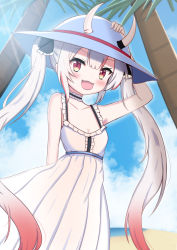 Rule 34 | 1girl, :d, absurdres, alternate costume, arm up, bare arms, bare shoulders, black bow, blue sky, bow, breasts, center frills, cleavage, cloud, collarbone, commentary request, day, dress, fang, frills, gradient hair, grey hair, hair between eyes, hair bow, hand on headwear, hat, highres, hololive, horns, horns through headwear, jiu (sdesd3205), long hair, looking at viewer, multicolored hair, nakiri ayame, oni, open mouth, outdoors, palm tree, red eyes, red hair, skin-covered horns, sky, sleeveless, sleeveless dress, small breasts, smile, solo, sun hat, tree, twintails, very long hair, virtual youtuber, white dress, white hat