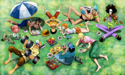 Rule 34 | 2girls, 6+boys, antlers, apple, banana, barefoot, black hair, blonde hair, blue hair, breasts, brook (one piece), coffee, creature, cup, dumbbell, eating, exercising, fake facial hair, fake mustache, food, franky (one piece), fruit, green hair, hat, highres, horns, indian style, instrument, large breasts, long nose, lying, midriff, miniskirt, monkey d. luffy, multiple boys, multiple girls, nami (one piece), nico robin, on back, on side, on stomach, one piece, orange hair, outdoors, pants, reading, roronoa zoro, sanji (one piece), saucer, sitting, skirt, skull, sleeping, smile, tattoo, teacup, tony tony chopper, usopp, vial, violin, weightlifting, weights
